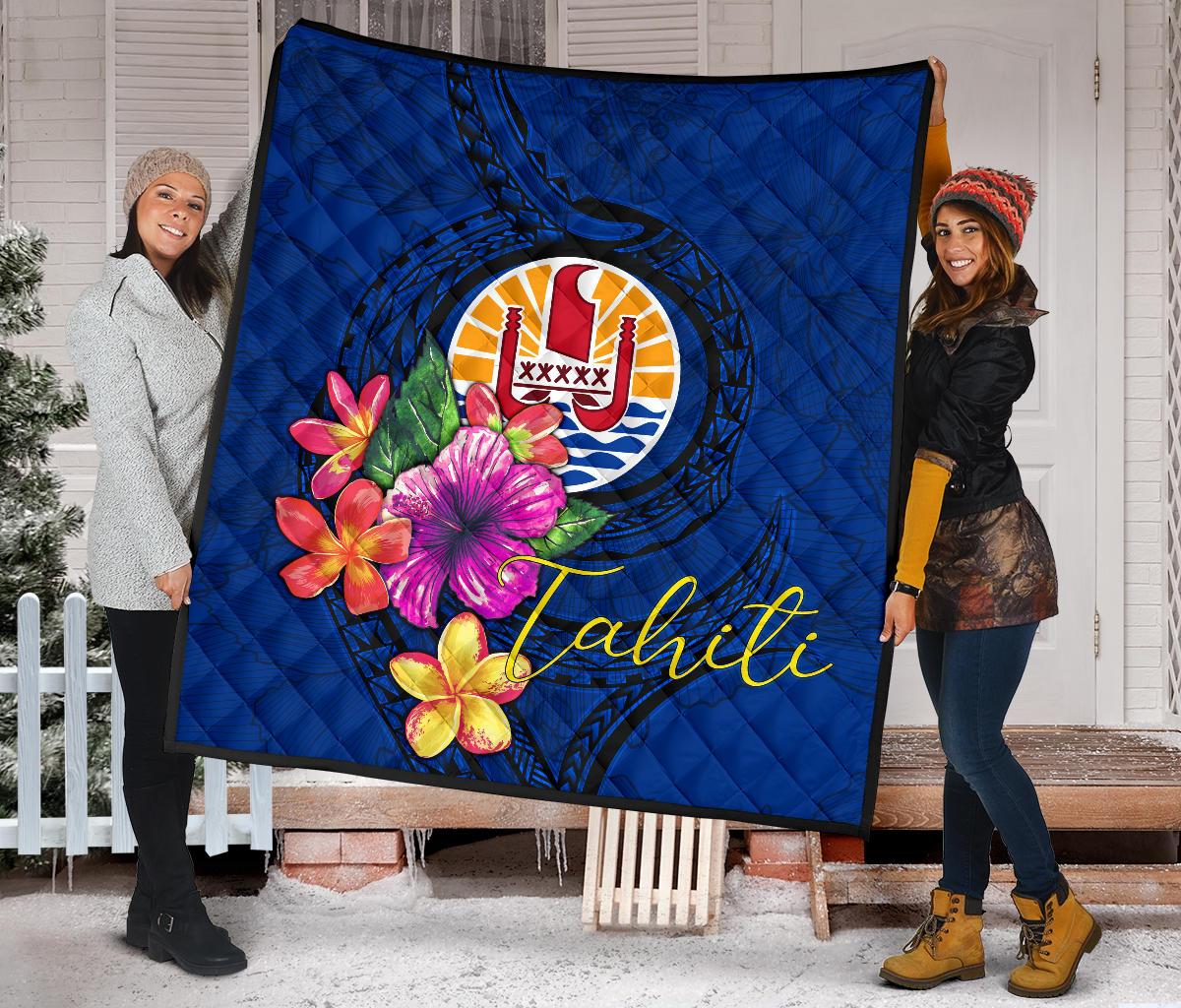 Tahiti Polynesian Premium Quilt - Floral With Seal Blue - Polynesian Pride