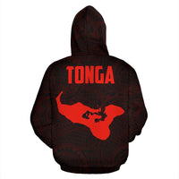 Tonga Polynesian Zip up Hoodie Tonga Coat of Arms In Turtle Map Red - Polynesian Pride