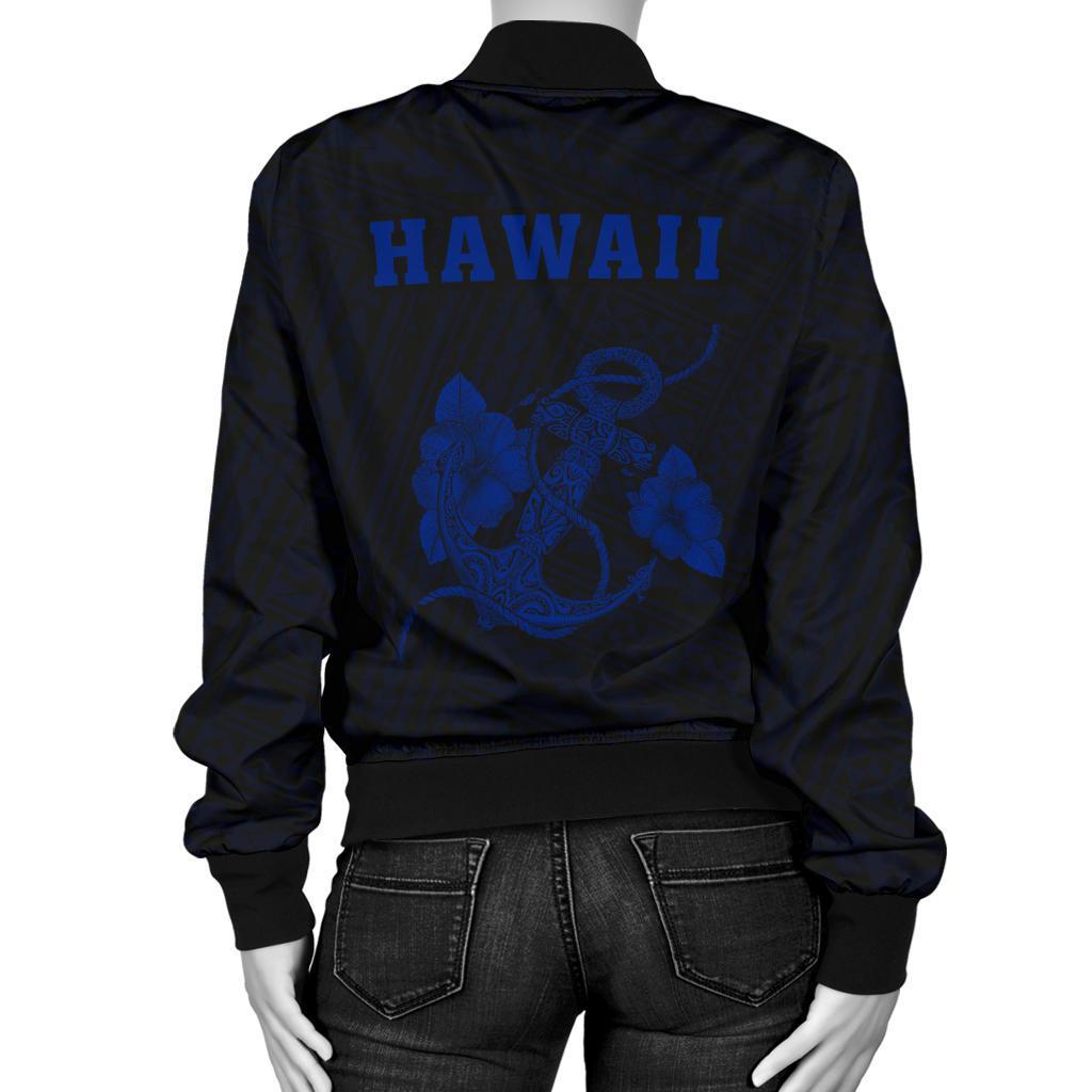 Hawaii Kakau Polynesian Anchor Women's Bomber Jacket - Blue - Polynesian Pride
