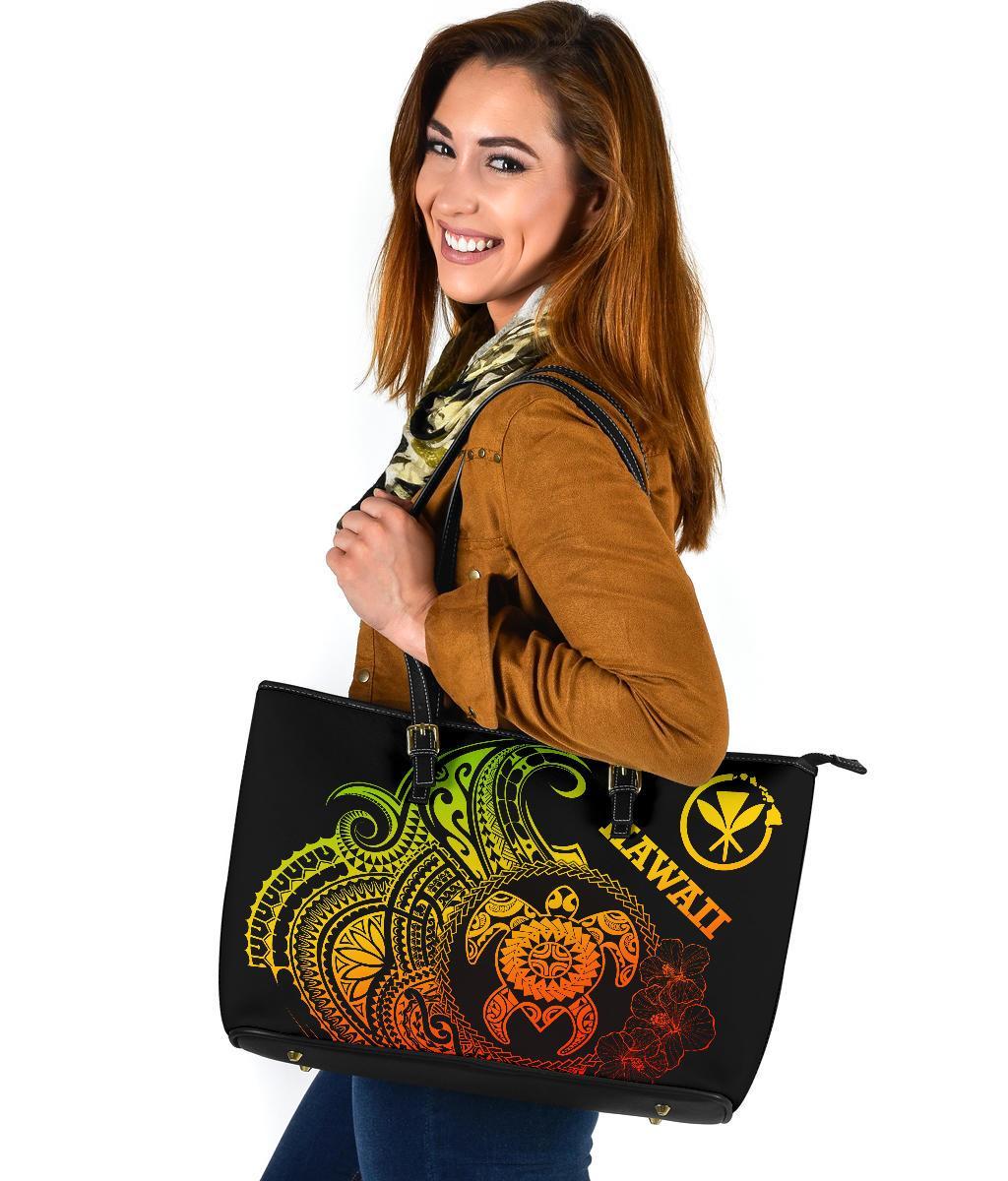 Hawaii Polynesian Large Leather Tote Bag - Vintage Polynesian Turtle (Reggae) - Polynesian Pride