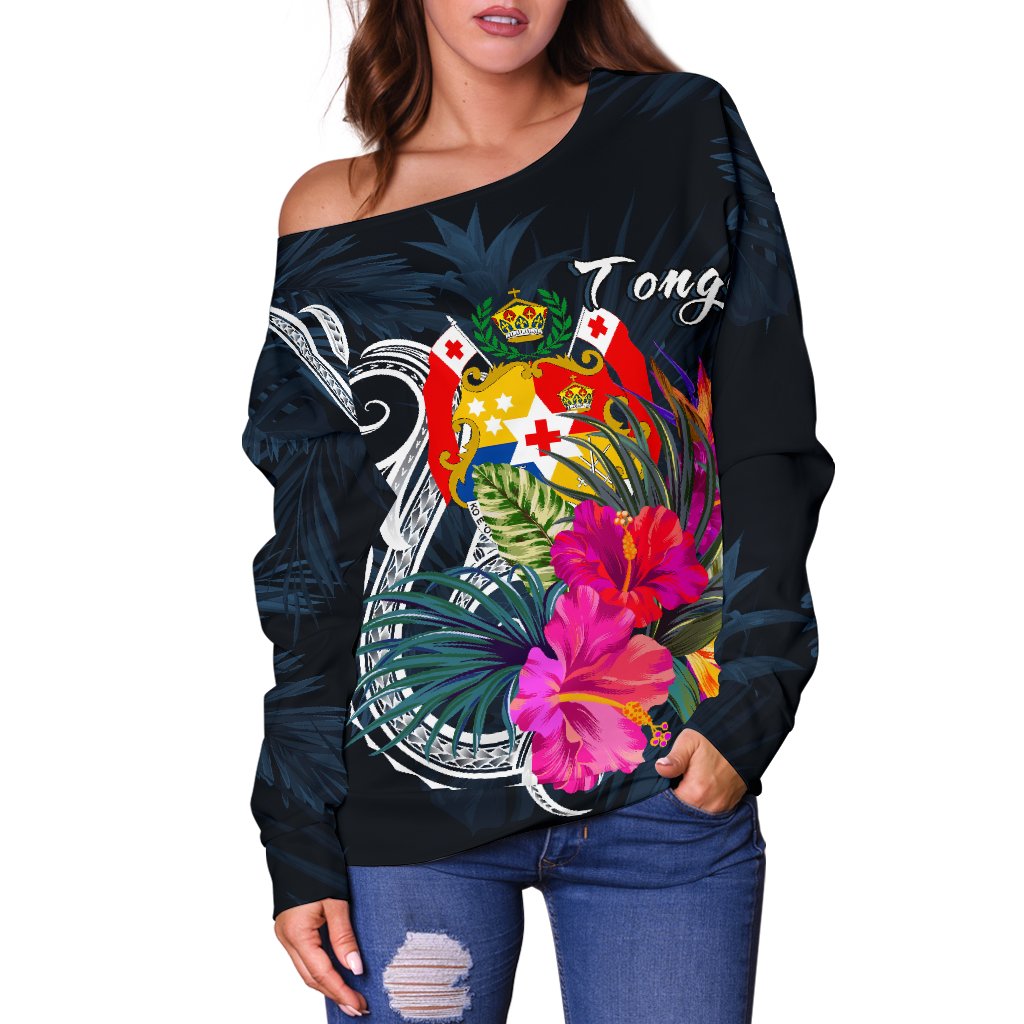 Tonga Polynesian Women's Off Shoulder Sweater - Tropical Flower - Polynesian Pride