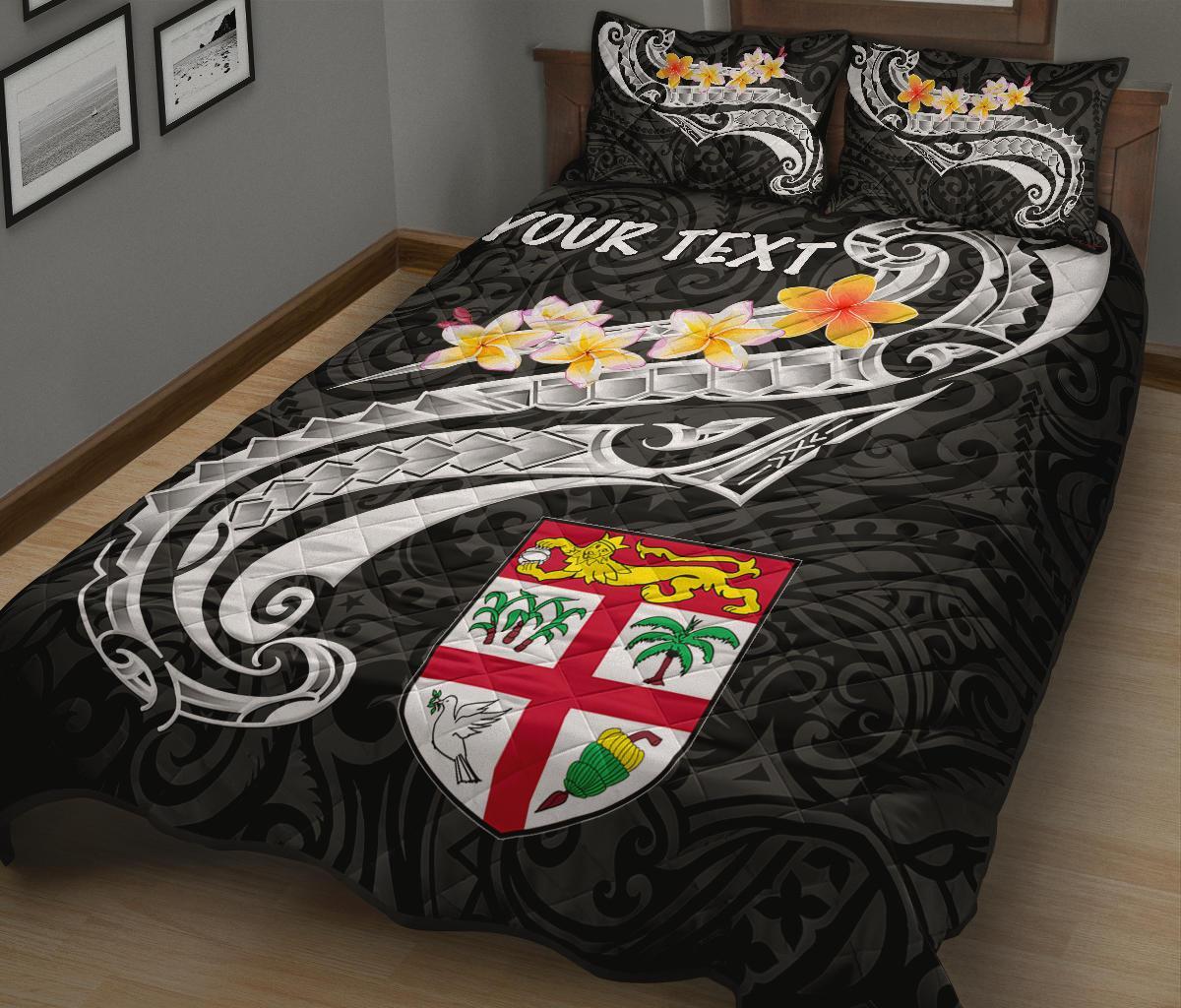 Fiji Custom Personalised Quilt Bed Set - Fiji Seal Polynesian Patterns Plumeria (Black) - Polynesian Pride