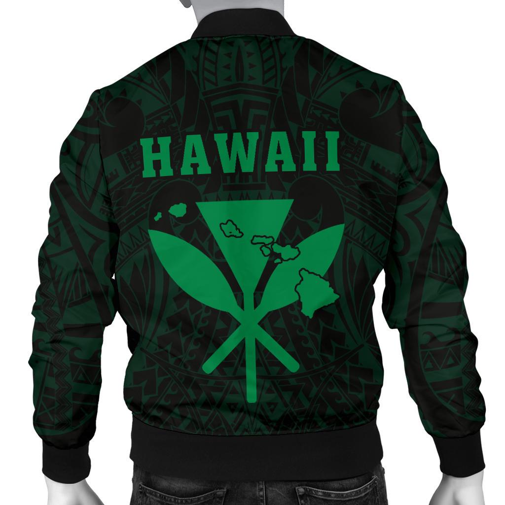 Hawaii Kakau Makau Fish Hook Kanaka Map Men's Bomber Jacket Polynesian - Green - Polynesian Pride