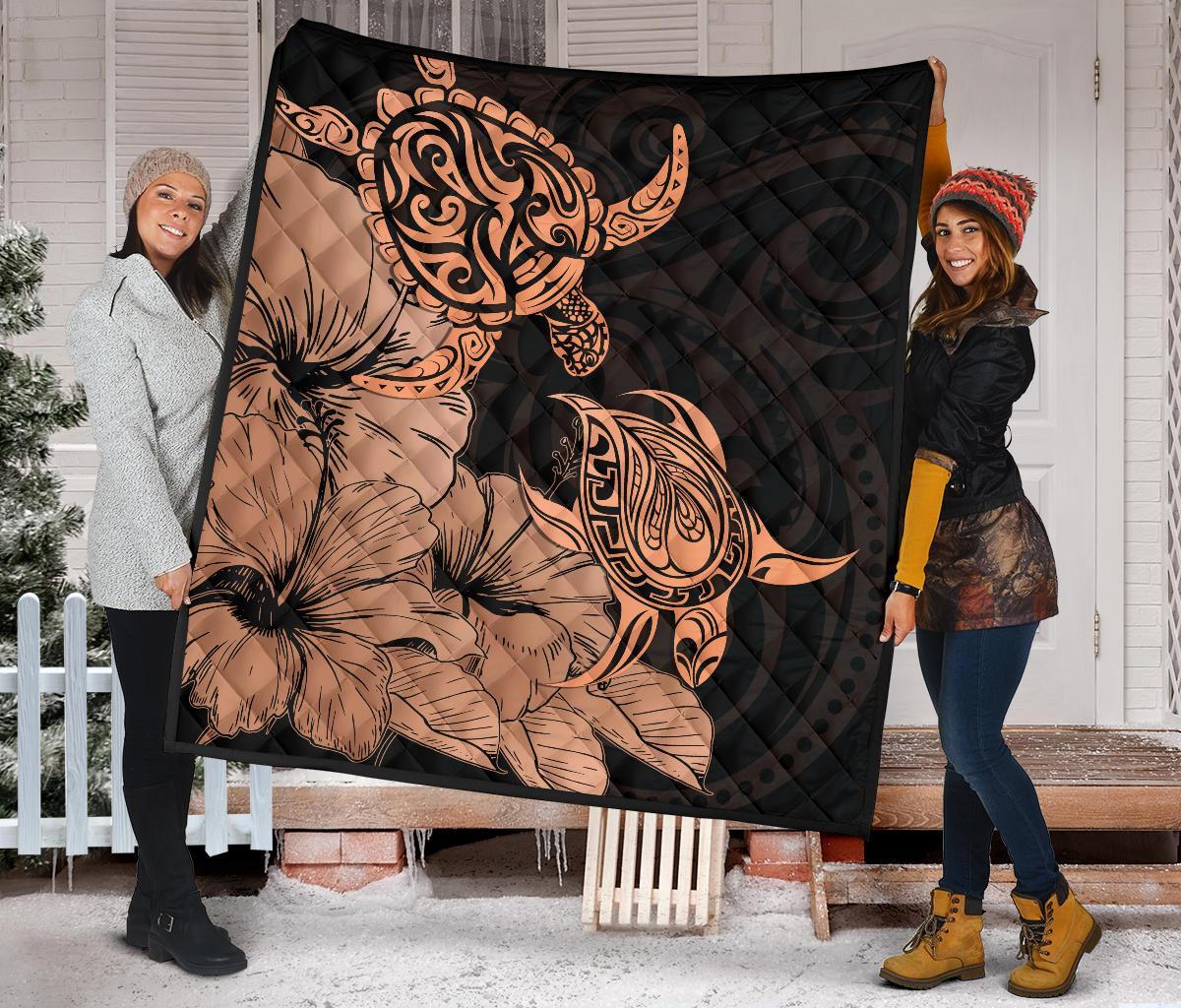 Hawaii Turtle Premium Quilt Polynesian Hibiscus Art Orange AH - Polynesian Pride