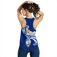 Guam Personalised Women's Racerback Tank - Guam Seal Polynesian Patterns Plumeria (Blue) - Polynesian Pride