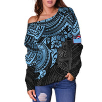 Fiji Polynesian Women's Off Shoulder Sweater - Blue Turtle - Polynesian Pride