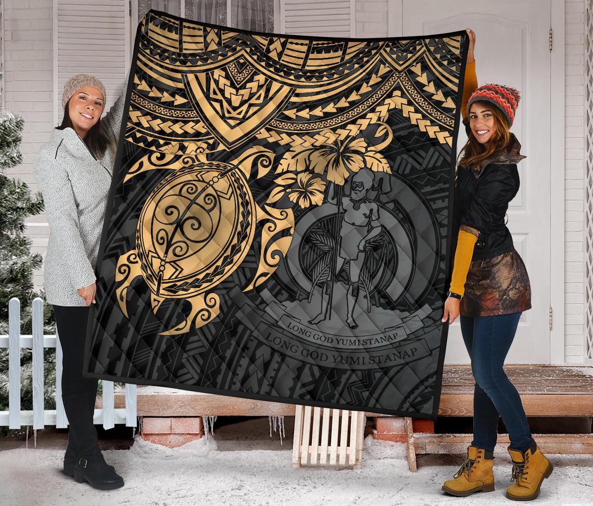 Vanuatu Polynesian Premium Quilt - Vanuatu Coat Of Arms & Gold Turtle Hibiscus - Polynesian Pride