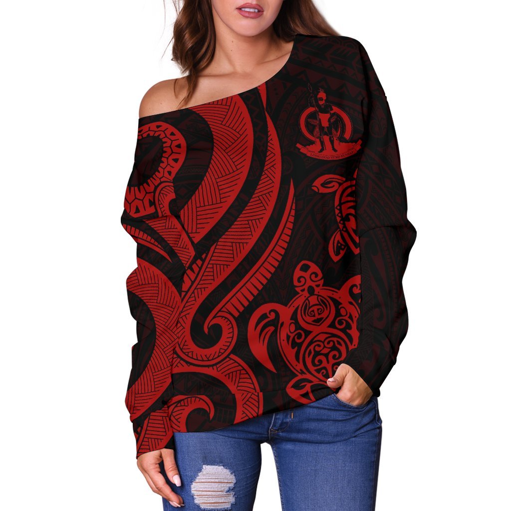 Vanuatu Women's Off Shoulder Sweater - Red Tentacle Turtle - Polynesian Pride