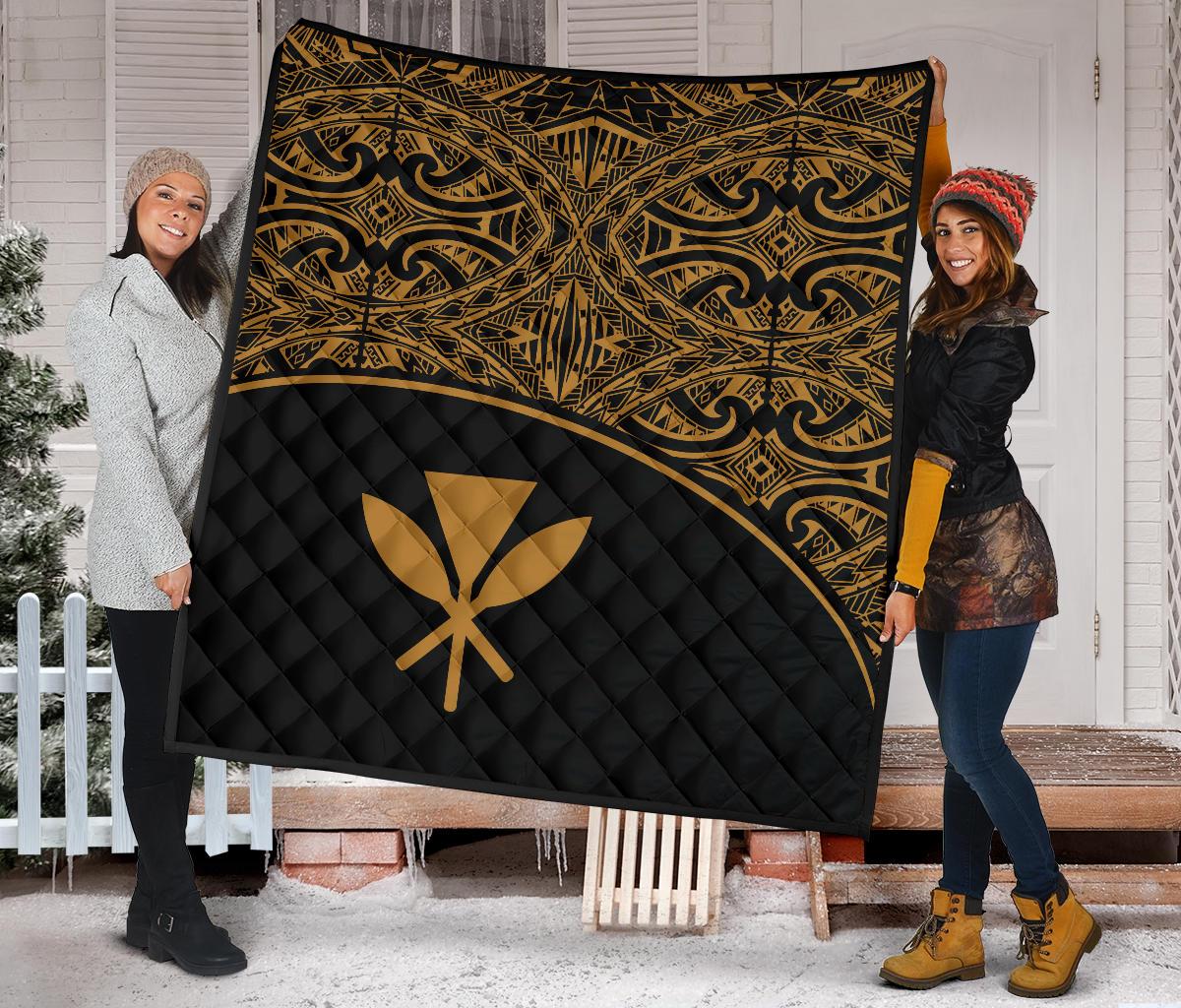 Hawaii Polynesian Premium Quilt - Yellow Kanaka Maoli Curve Version - Polynesian Pride