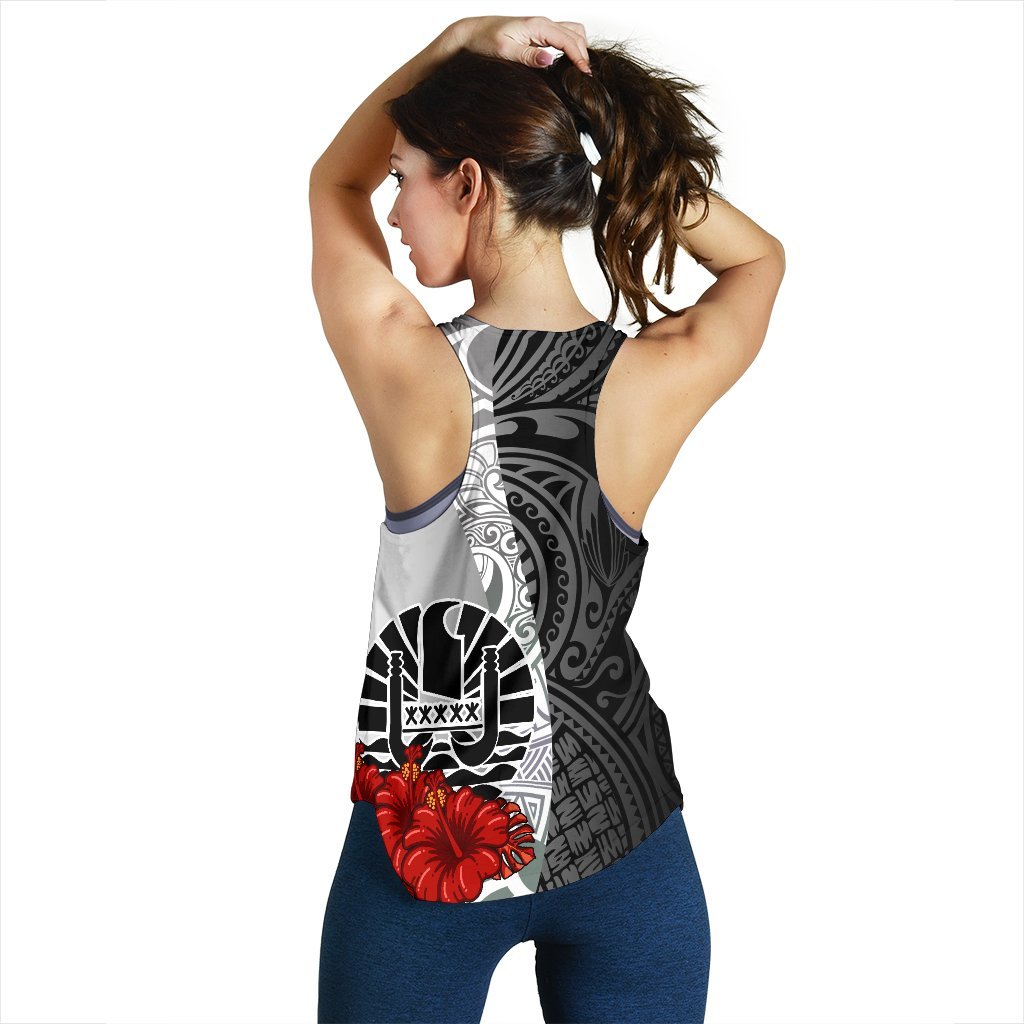Tahiti Polynesian Custom Personalised Women's Racerback Tank - Coat Of Arms With Hibiscus White - Polynesian Pride