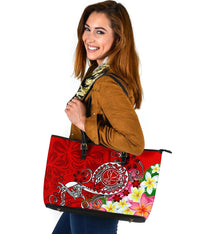 Hawaii Polynesian Leather Tote Bag - Turtle Plumeria (Red) - Polynesian Pride