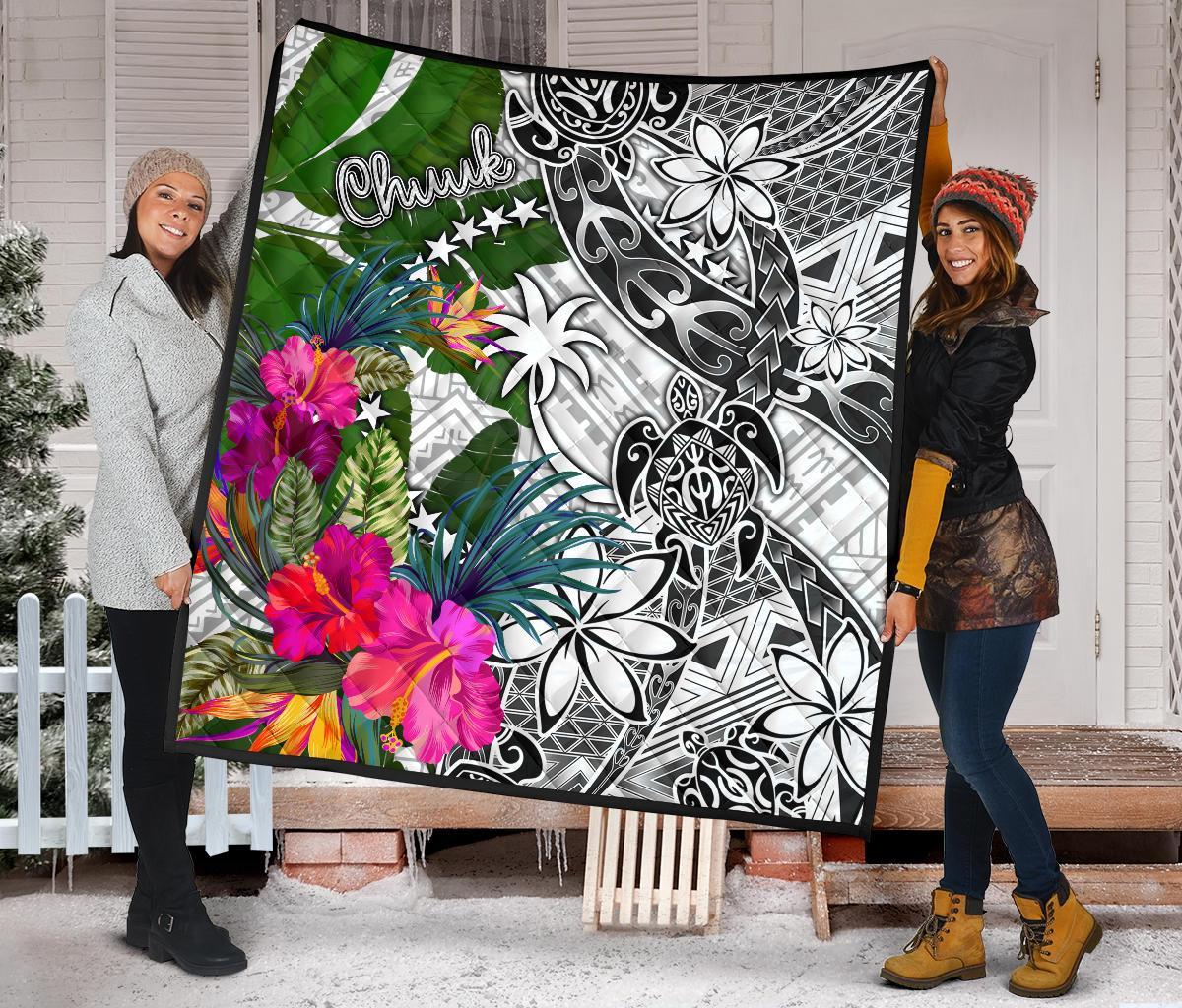 Chuuk Premium Quilt White - Turtle Plumeria Banana Leaf - Polynesian Pride