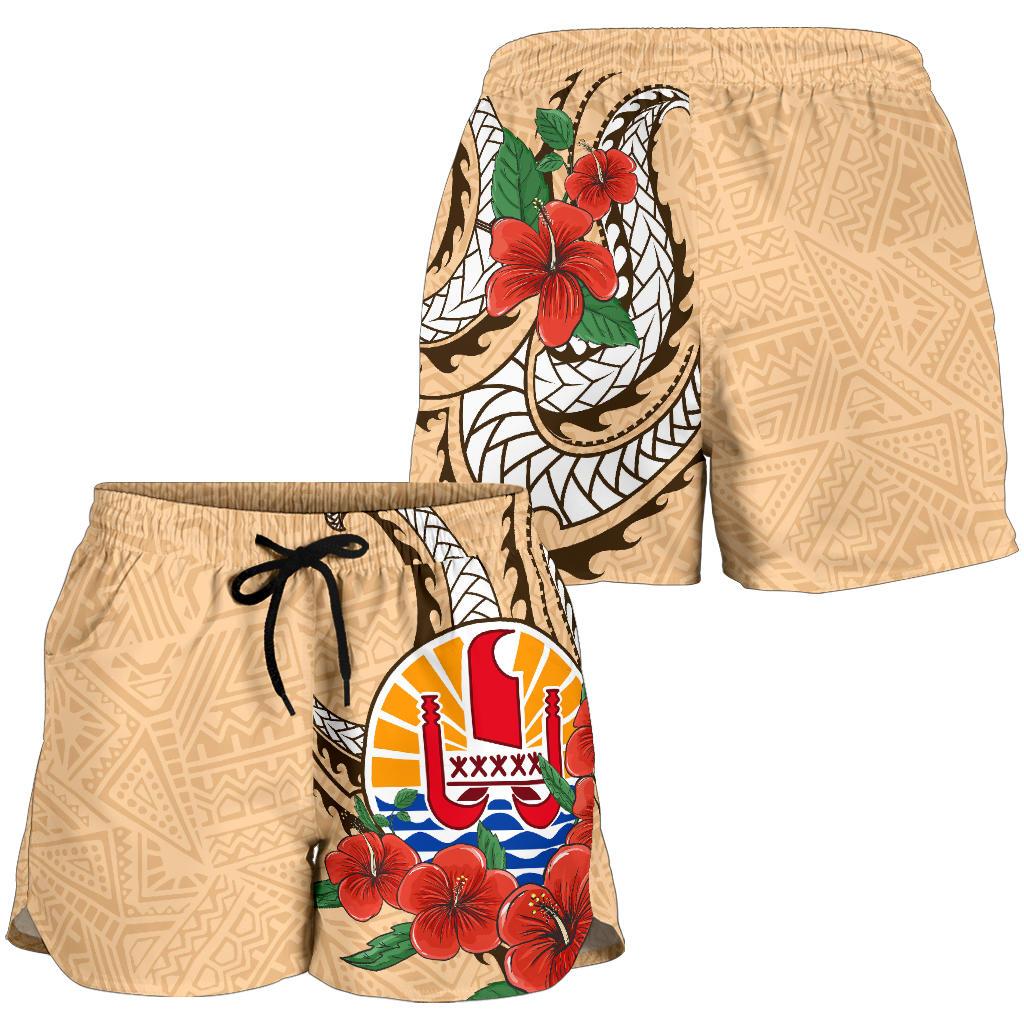 Tahiti Polynesian Women Shorts - Hibiscus Coat of Arm Beige - Polynesian Pride