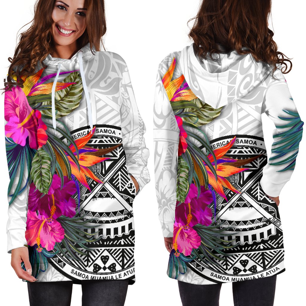 American Samoa Women's Hoodie Dress Hibiscus Polynesian pattern White - Polynesian Pride
