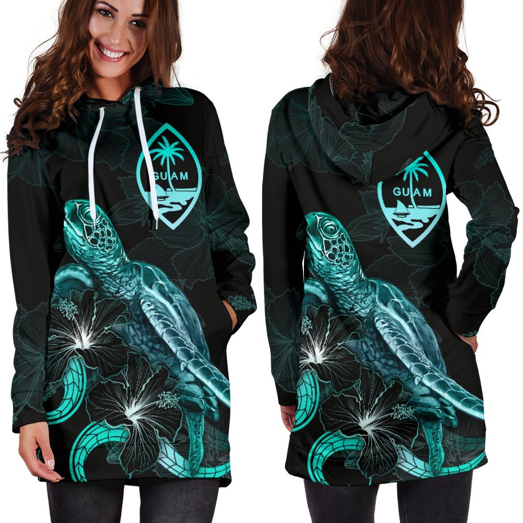 Guam Polynesian Hoodie Dress - Turtle With Blooming Hibiscus Turquoise - Polynesian Pride