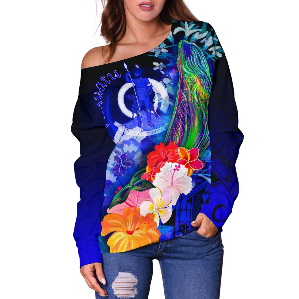 Vanuatu Women's Off Shoulder Sweater - Humpback Whale with Tropical Flowers (Blue) - Polynesian Pride