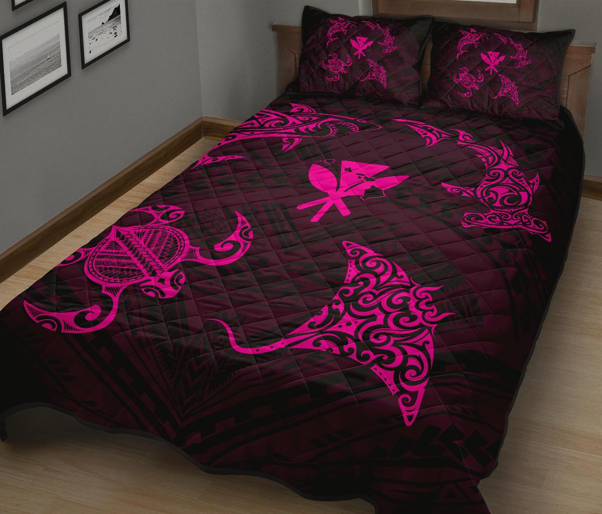 Hawaii Map Kanaka Polynesian Quilt Bed Set Circle Underwater Pink - Polynesian Pride