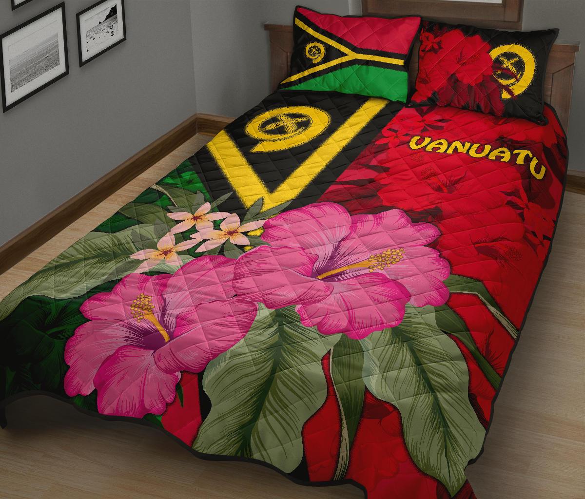 Vanuatu Quilt Bed Set - Vanuatu Flag with Hibiscus - Polynesian Pride