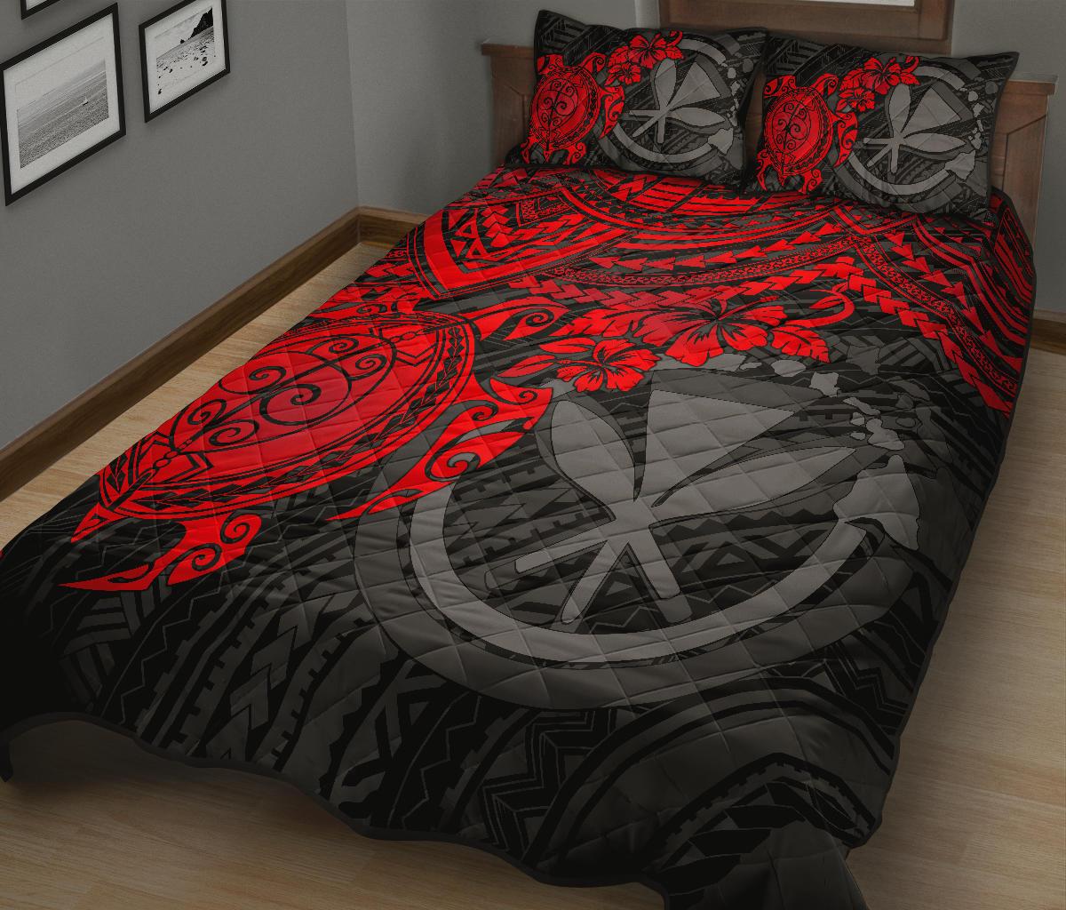 Hawaii Polynesian Quilt Bed Set - Kanaka Maoli & Red Turtle Hibiscus - Polynesian Pride