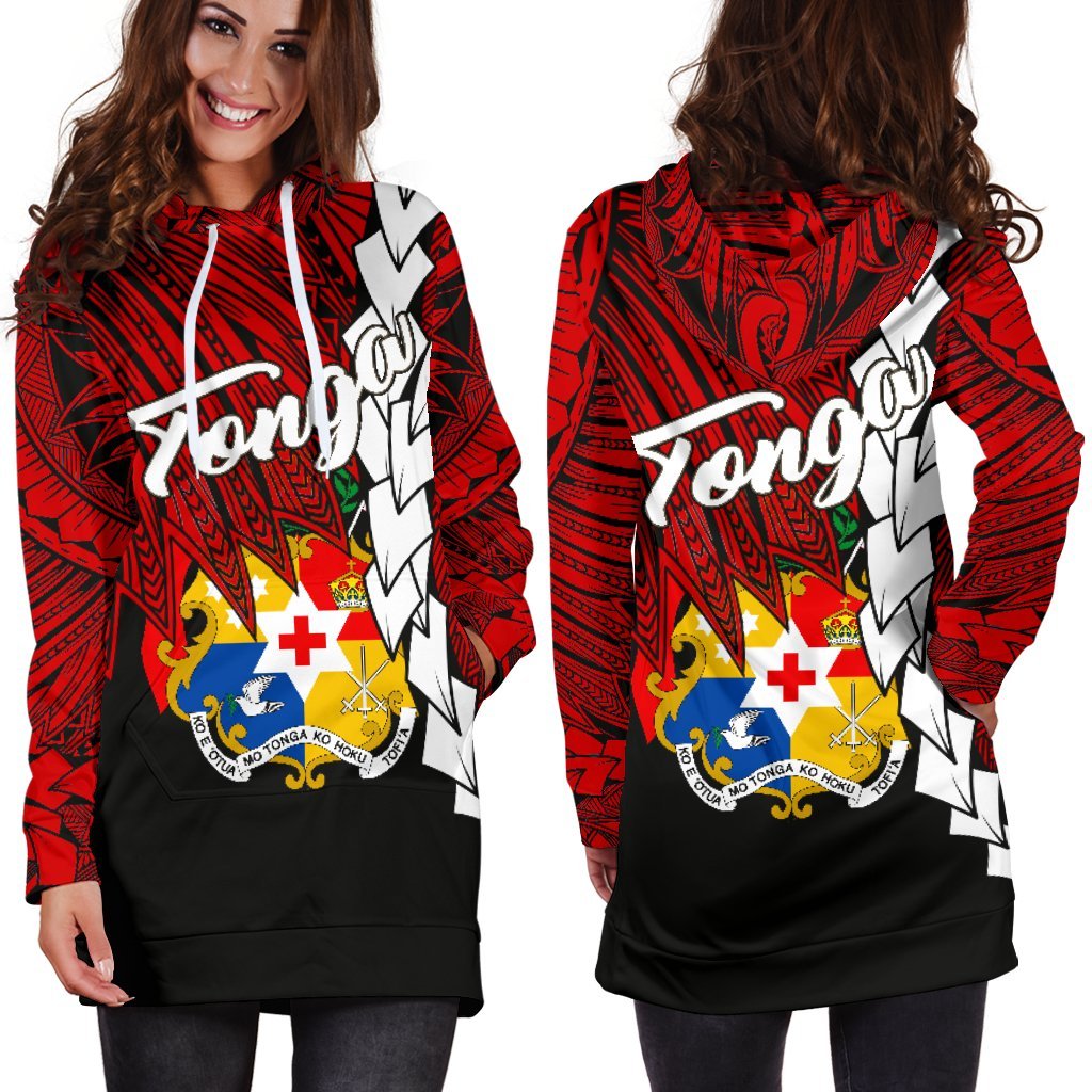 Tonga Polynesian Hoodie Dress - Tribal Wave Tattoo Flag Color - Polynesian Pride