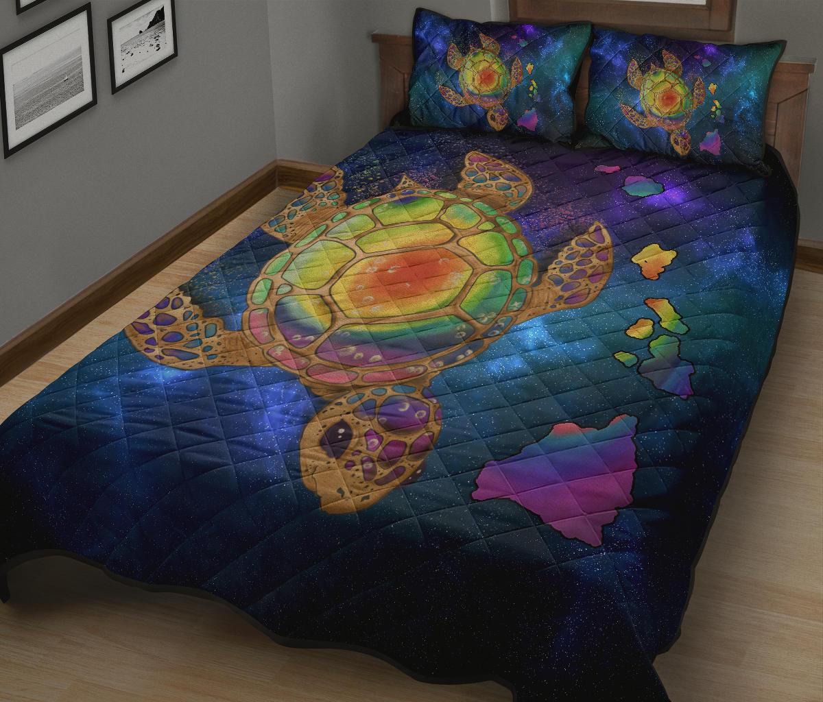 Hawaii Map Turtle Galaxy Quilt Bed Set - AH - Blue - Polynesian Pride