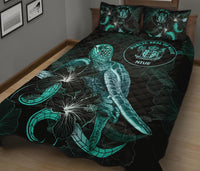 Niue Polynesian Quilt Bed Set - Turtle With Blooming Hibiscus Turquoise - Polynesian Pride