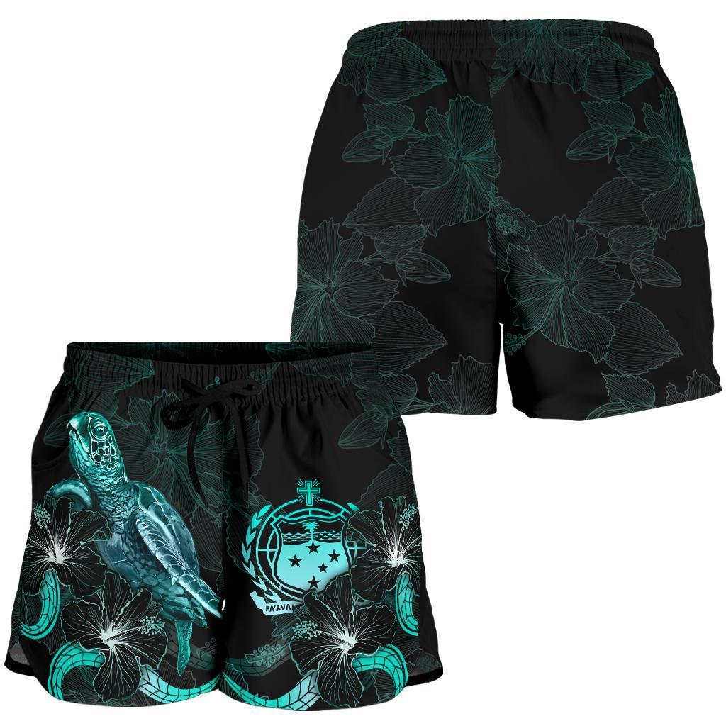 Samoa Polynesian Women's Shorts - Turtle With Blooming Hibiscus Turquoise - Polynesian Pride