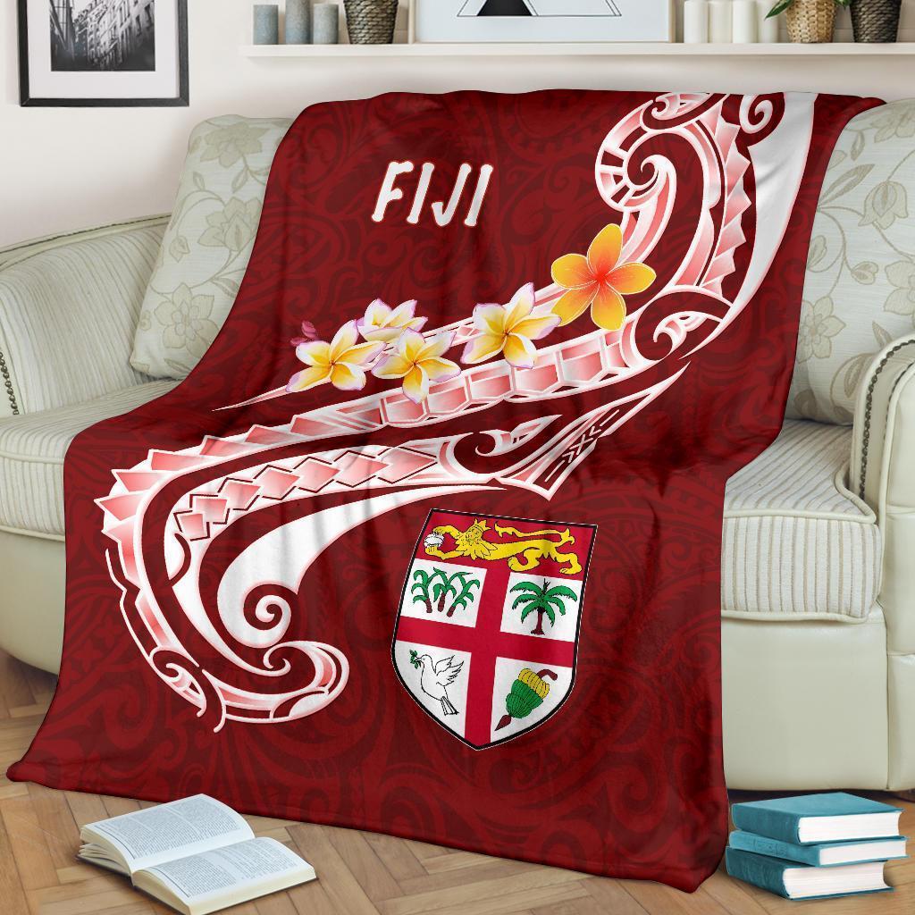 Fiji Premium Blanket - Fiji Seal Polynesian Patterns Plumeria (Red) White - Polynesian Pride