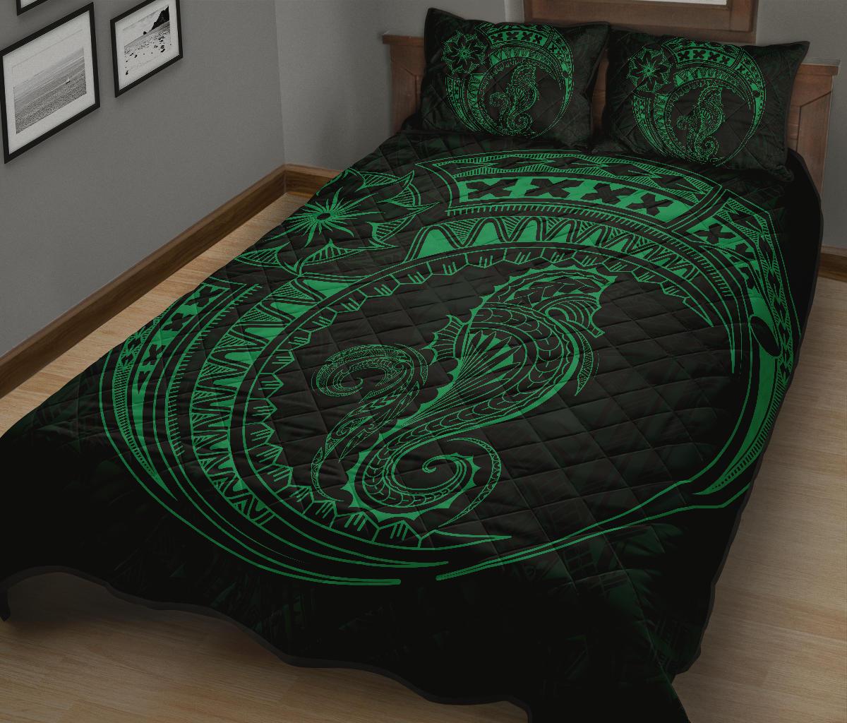 Polynesian Quilt Bed Set - Polynesian Green Seahorse Tattoo - Polynesian Pride