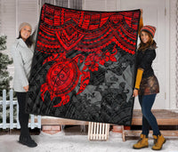 Tonga Polynesian Premium Quilts - Tonga Coat Of Arms & Red Turtle Hibiscus - Polynesian Pride