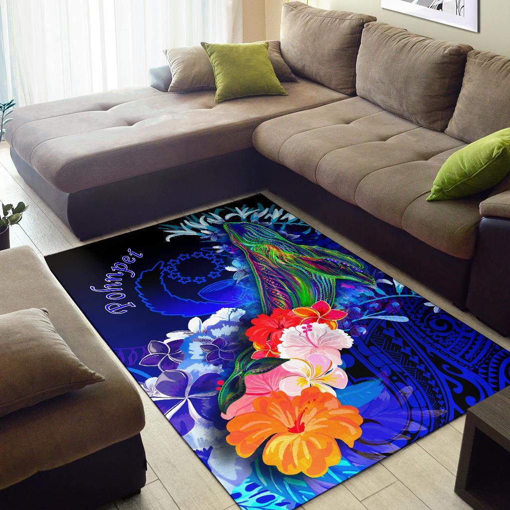 Pohnpei Area Rug - Humpback Whale with Tropical Flowers (Blue) - Polynesian Pride