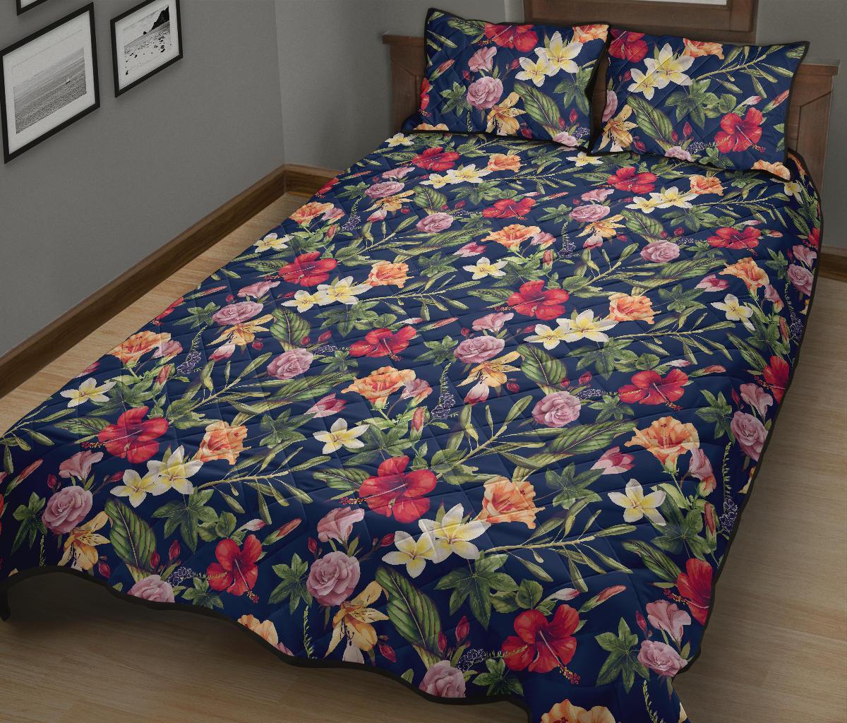 Tropical Hibiscus Red And Plumeria White Quilt Bed Set - Polynesian Pride