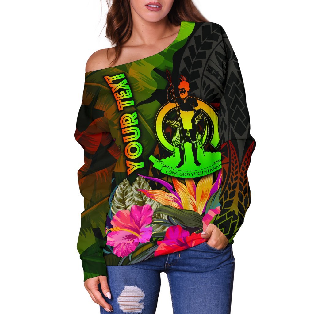 Vanuatu Polynesian Personalised Women's Off Shoulder Sweater - Hibiscus and Banana Leaves - Polynesian Pride
