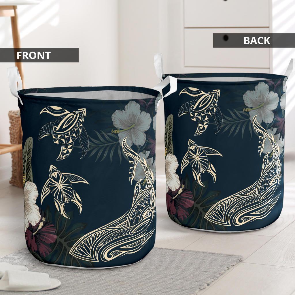 Hawaii Tropical Hibiscus Turtle Shark Aumakua Laundry Basket Lucas Style Blue AH - Polynesian Pride