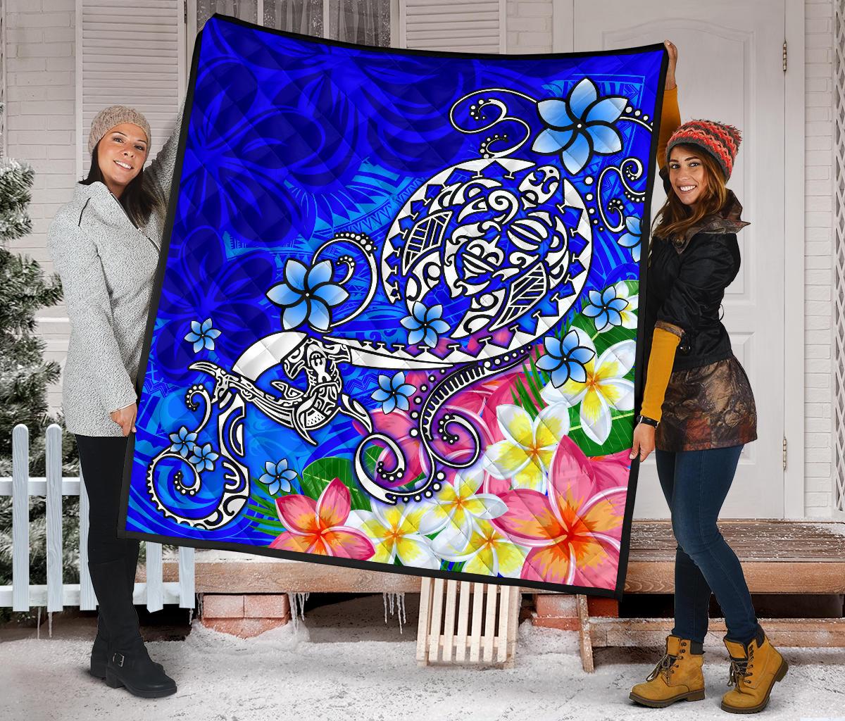 Polynesian Premium Quilt - Turtle Plumeria Blue Color - Polynesian Pride