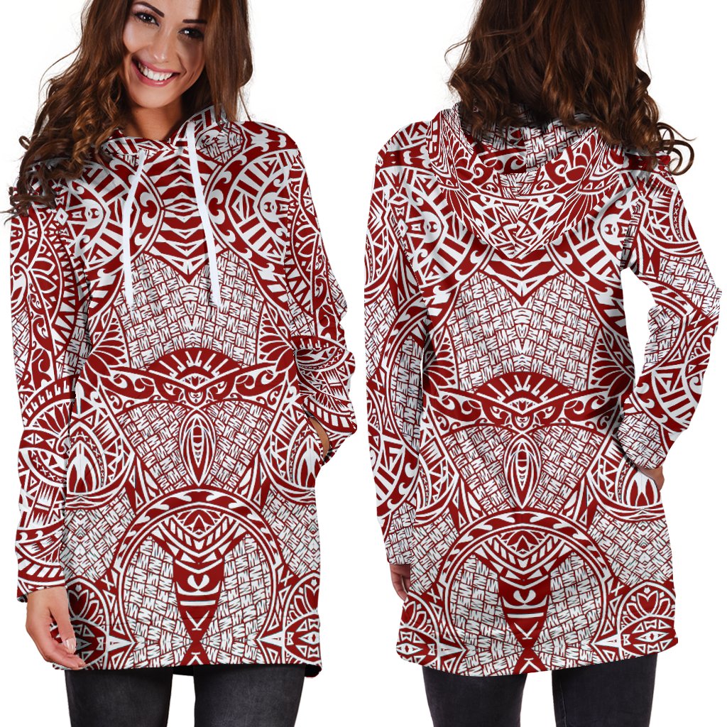 Polynesian Women's Hoodie Dress - Polynesian White Red - Polynesian Pride