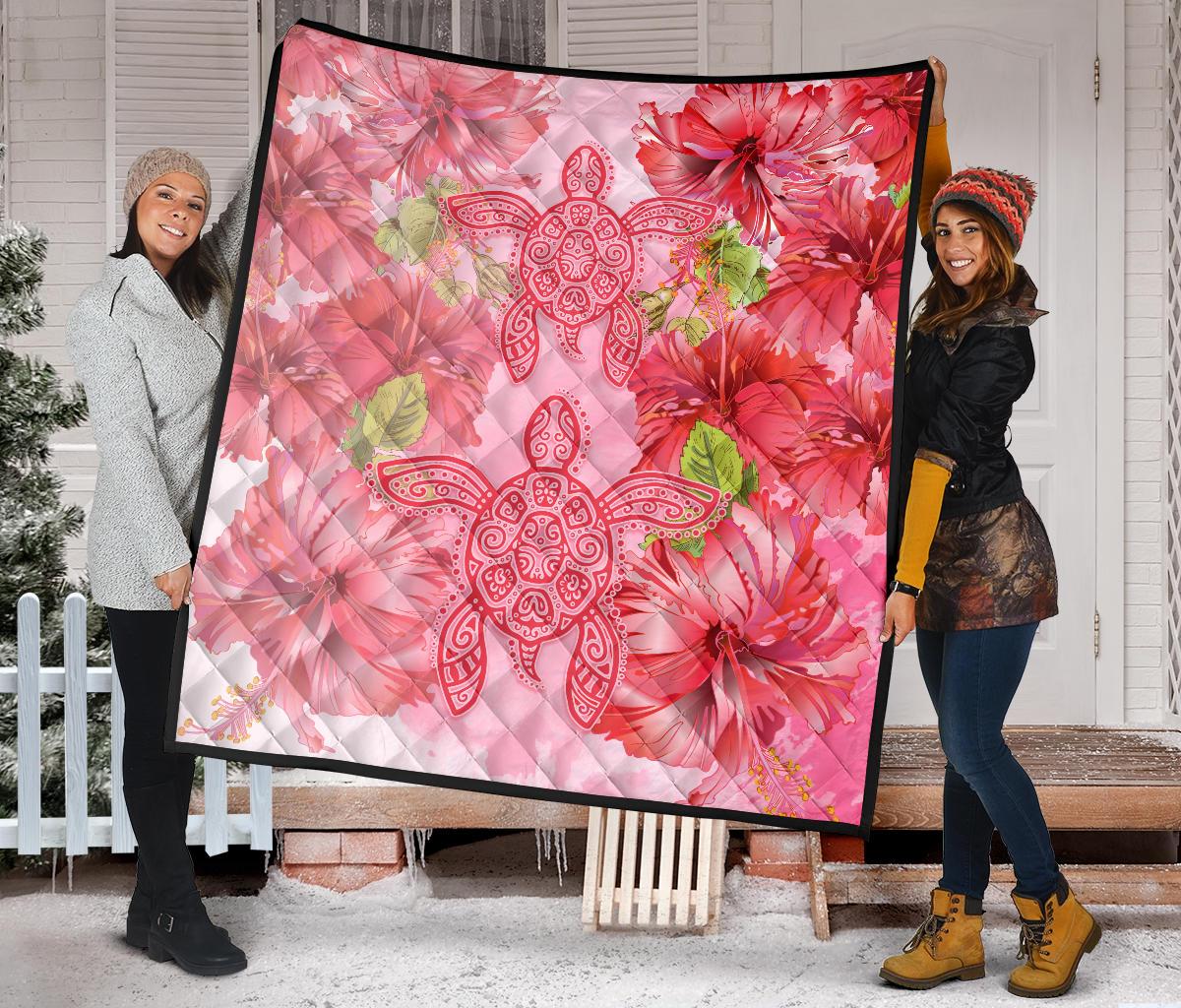 Hawaii Turtle Hibiscus Premium Quilt - Pink Style - Polynesian Pride