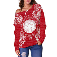 Northern Mariana Islands Polynesian Shoulder Sweater Map Red White - Polynesian Pride