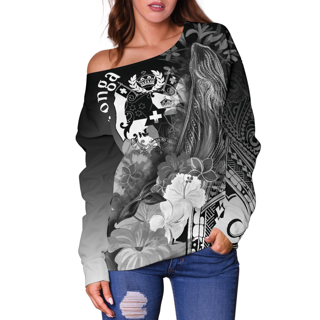 Tonga Women's Off Shoulder Sweater - Humpback Whale with Tropical Flowers (White) - Polynesian Pride