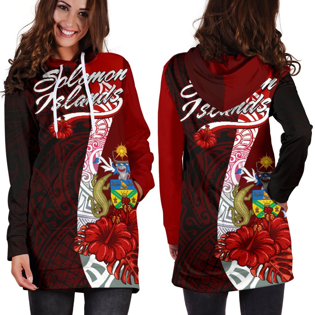 Solomon Islands Polynesian Hoodie Dress - Coat Of Arm With Hibiscus - Polynesian Pride