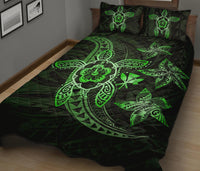 Kanaka Map Hibiscus Plumeria Turtle Art Green Polynesian Quilt Bed Set - Polynesian Pride
