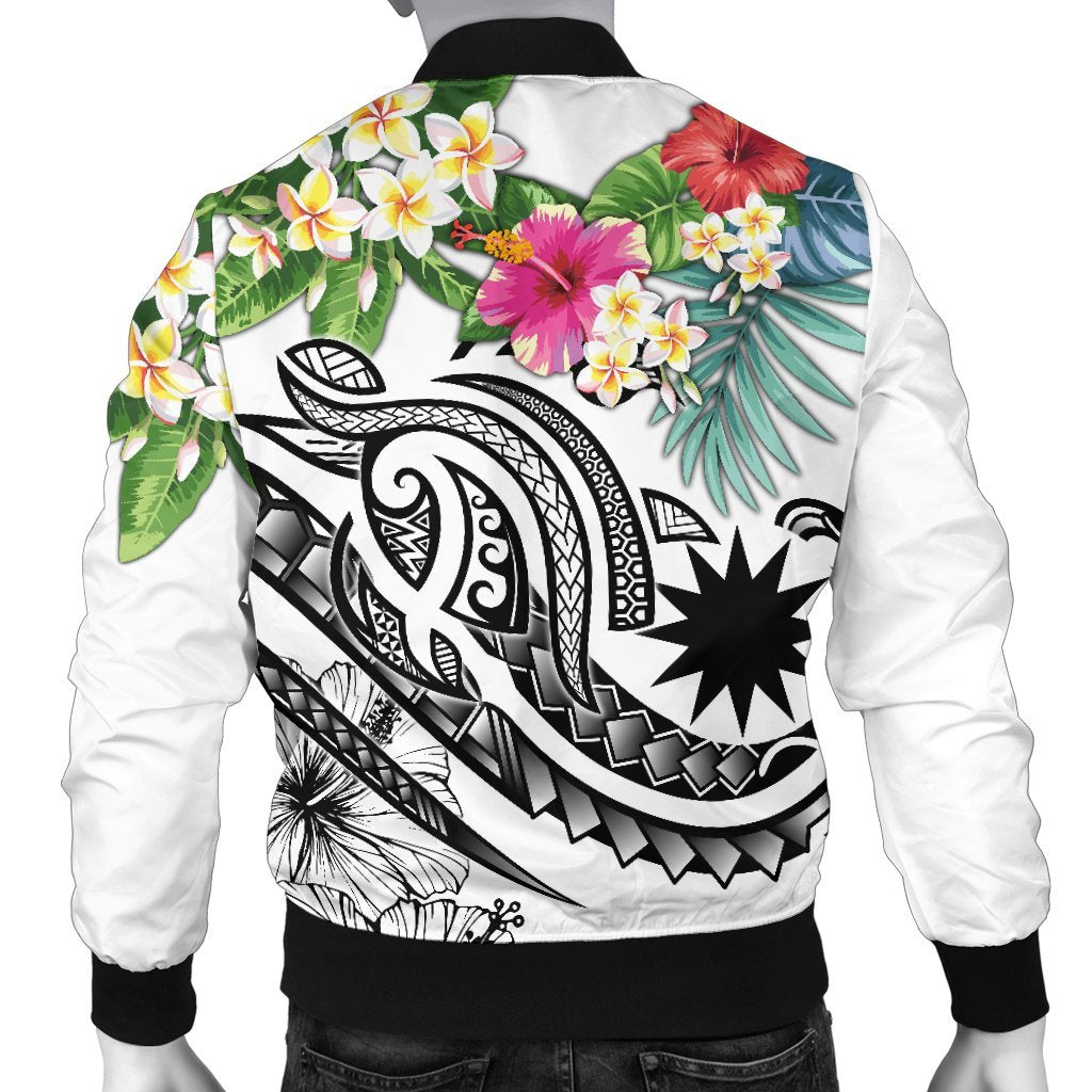 Nauru Polynesian Men's Bomber Jacket - Summer Plumeria (White) - Polynesian Pride