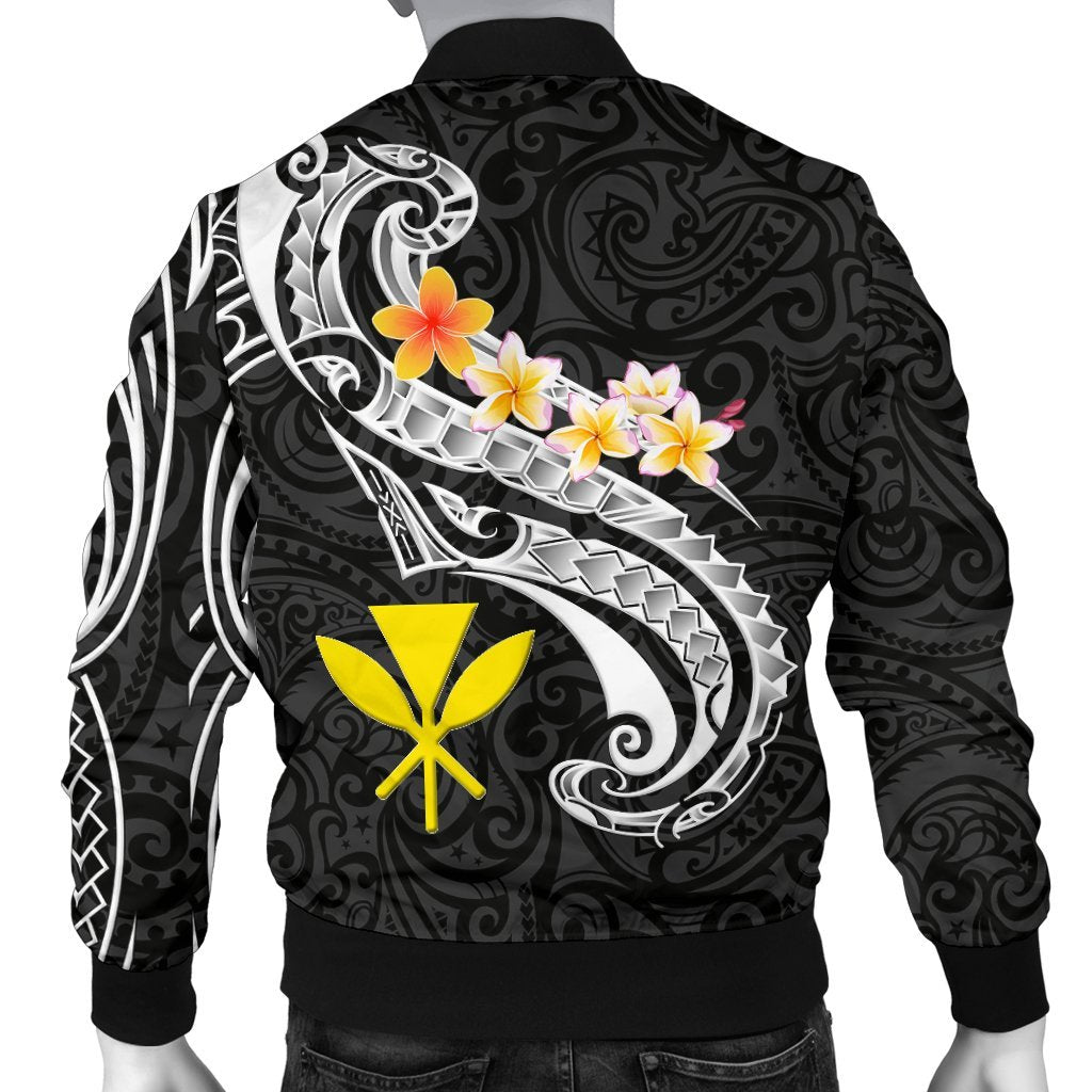 Hawaii Men's Bomber Jacket - Kanaka Maoli Polynesian Patterns Plumeria (Black) - Polynesian Pride