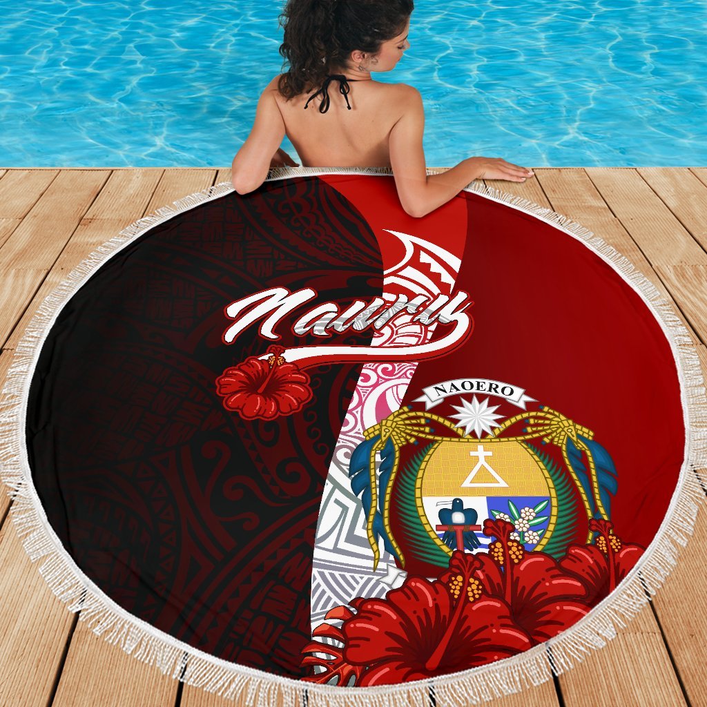 Nauru Polynesian Beach Blanket - Coat Of Arm With Hibiscus - Polynesian Pride