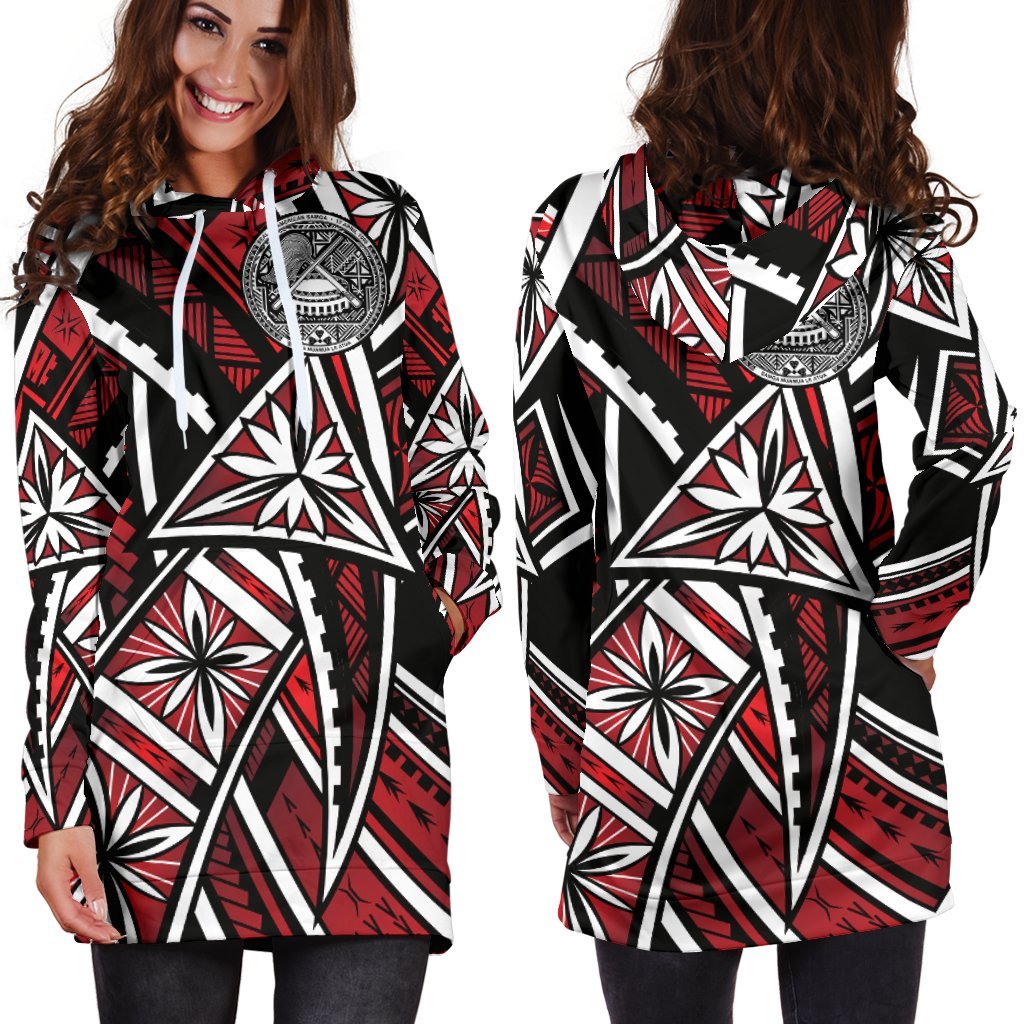 American Women's Hoodie Dress - Tribal Flowers Special Pattern Red Color Red - Polynesian Pride