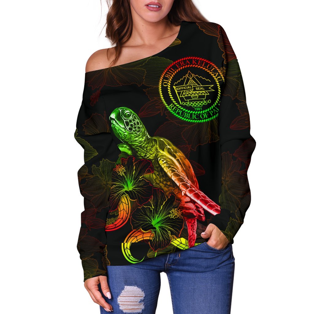 Palau Polynesian Women's Off Shoulder Sweater - Turtle With Blooming Hibiscus Reggae - Polynesian Pride