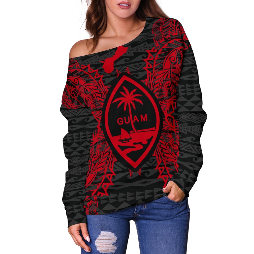 Guam Polynesian Shoulder Sweater Map Red - Polynesian Pride