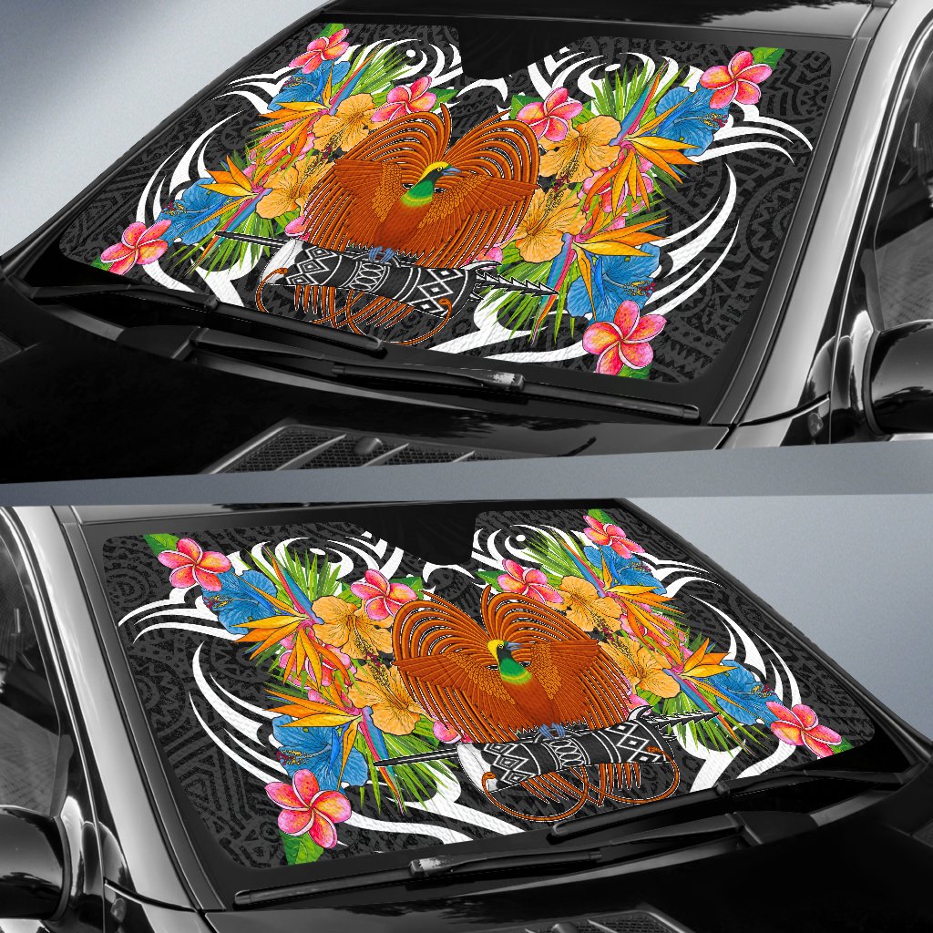 Papua New Guinea Auto Sun Shades - Coat Of Arms With Tropical Flowers - Polynesian Pride