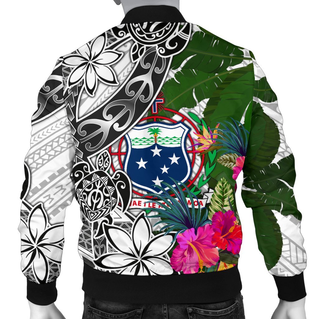 Samoa Men's Bomber Jacket White - Turtle Plumeria Banana Leaf - Polynesian Pride