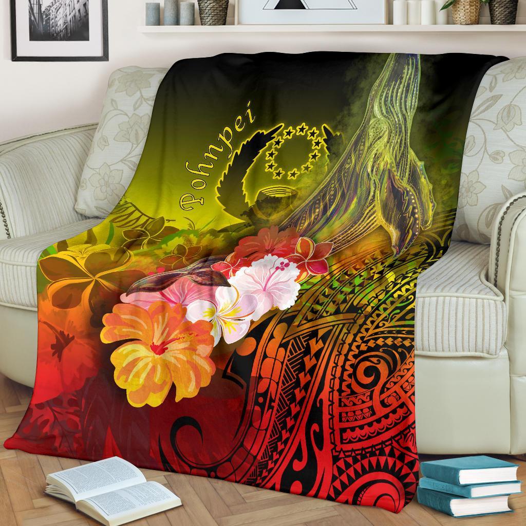 Pohnpei Premium Blanket - Humpback Whale with Tropical Flowers (Yellow) - Polynesian Pride